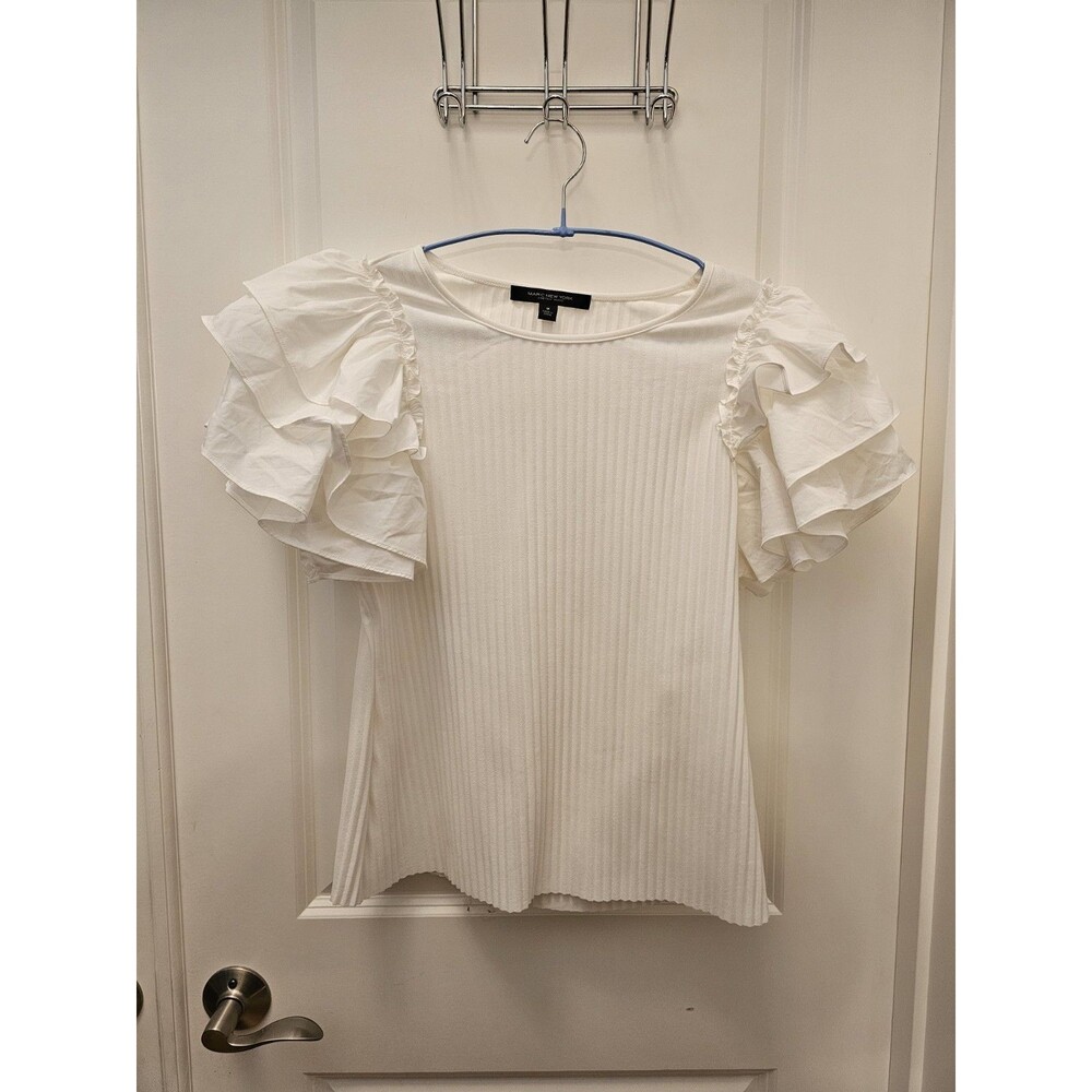 Marc New York Womens Top Size M White Ivory Ribbed Short Layered Ruffle Sleeve